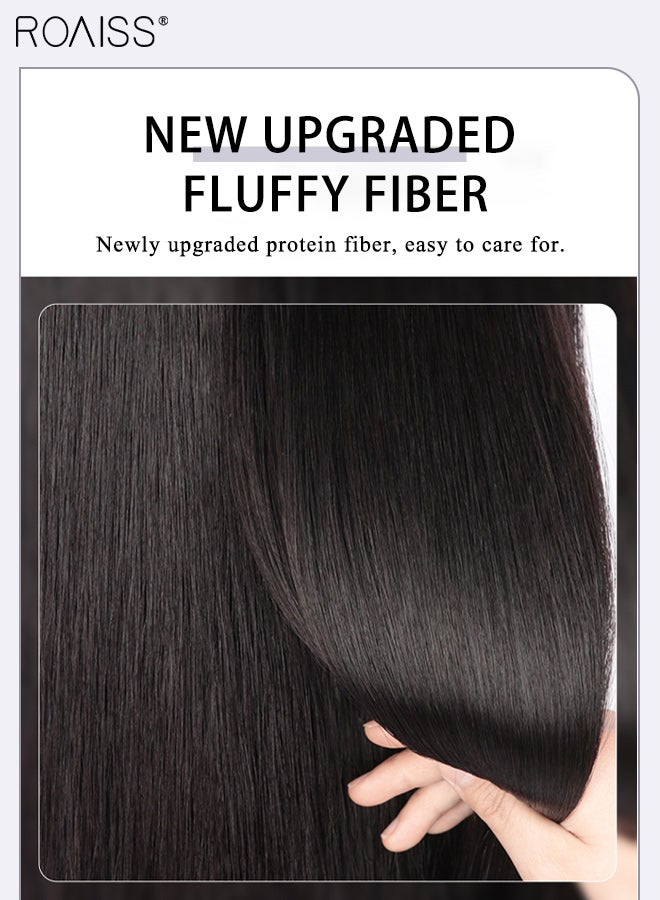 رويس 3 قطع من وصلات الشعر، حواف غير مرئية قابلة للتعديل، شعر صناعي طويل مجعد مقاوم للحرارة للنساء والفتيات، بني أسود، 60 سم (23.62 بوصة) - Image 3