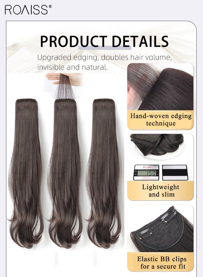 رويس 3 قطع من وصلات الشعر، حواف غير مرئية قابلة للتعديل، شعر صناعي طويل مجعد مقاوم للحرارة للنساء والفتيات، بني أسود، 60 سم (23.62 بوصة) - Image 2
