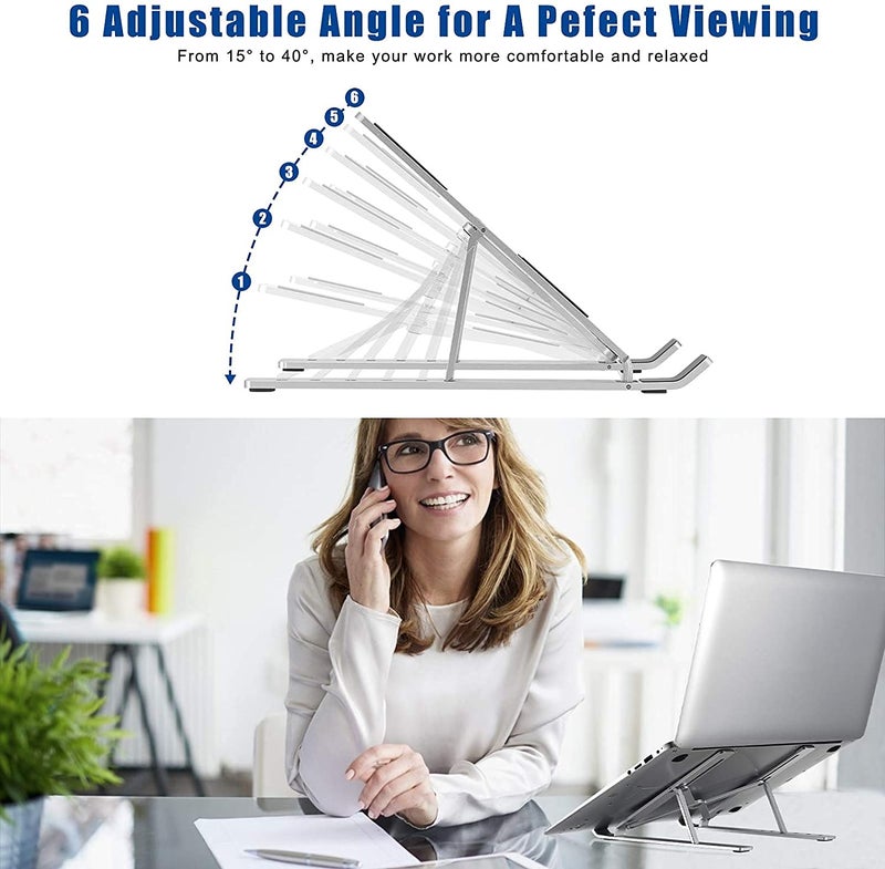 smashtronics - Adjustable Aluminum Laptop Stand - Foldable, Ventilated, Portable Stand for Desk & Tabletop, Compatible for 13-15 inch Laptops, Comes with Carry Pouch (Silver) - Image 4