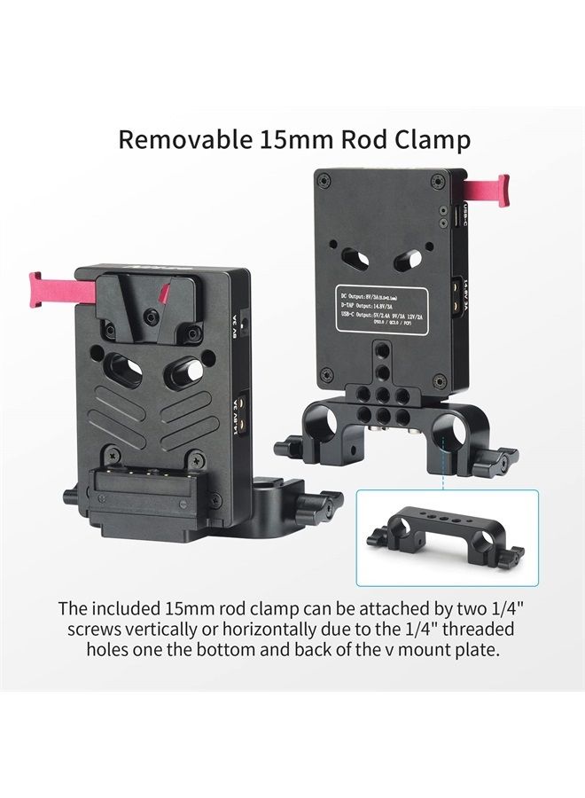 Mini V Mount Battery Plate with 15mm Rold Clamp, One 8V/3A DC, Two 14.8V/3A D-tap and One PD 3.0 USB-C Output Ports - N21-D7