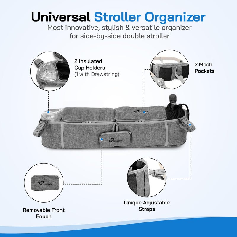 StrollAir Double Parent Stroller Organizer with Insulated Cup Holder Caddy - Universal Fit for Mountain Buggy, Twin Way, Bob Duallie, Baby Jogger City Mini GT (Grey) - Image 3