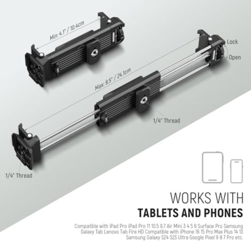 مشبك كمبيوتر لوحي عالمي لجهاز iPad Mini/Air/Pro Surface Pro 7.912.9 حامل ثلاثي القوائم: سبائك الألومنيوم، أسود، حذاء بارد + قاعدة من نوع Arca + الناتو + 1/4 برغي - Image 3