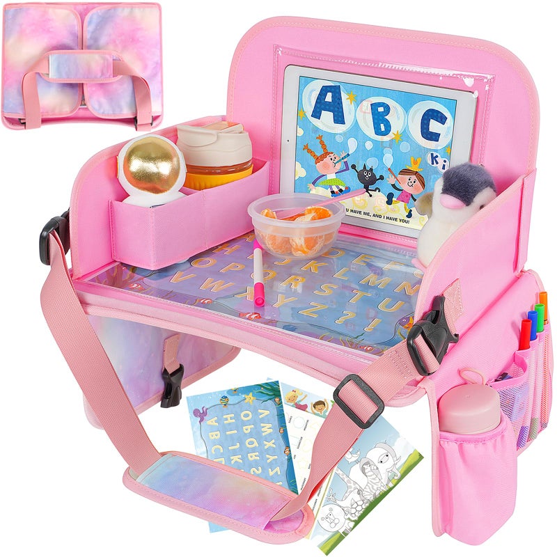 Menzoke Kids Travel Tray  Car Seat Table Tray  Road Trip Essentials With Educational Drawing Board  Tablet Holder & Cooler Cup Holder  Travel Table For Kids Gifts In Car  Airplane  Multicoloured - Image 1
