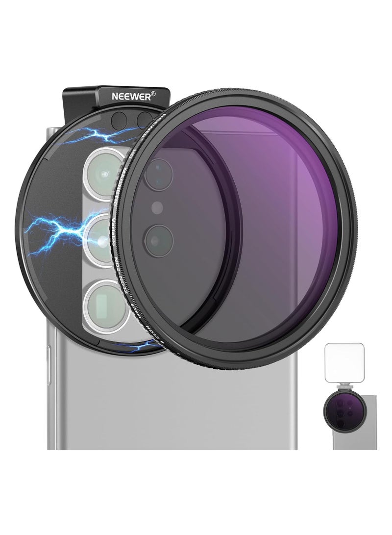 Neewer iphone nd filter 67mm Clip On Variable ND2-ND32 Phone Lens Filter Kit, Phone Clip with Magnetic Adapter Ring/Cold Shoe/Locking Knob, HD Magnetic ND Filter for iPhone 15 16 Pro Max 14 13 Galaxy S22 S23 S24 Ultra  - Image 1