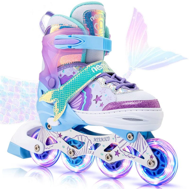 NEMONE Mermaid Inline Skates 4 Sizes Adjustable Skates for Girls Kids with Light up Wheels Indoor Beginner Outdoor for Kids Ages 46 58 612 812