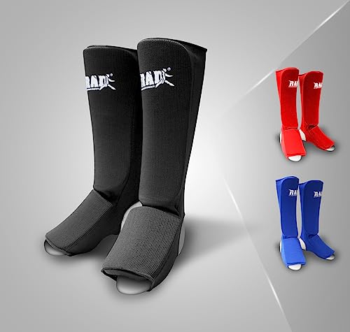RAD Shin Guards MMA, Karate, TKW. Elastic Cloth Shin & Instep Padded Guards Protective Kickboxing (Pair) (Small, Black) - Image 2