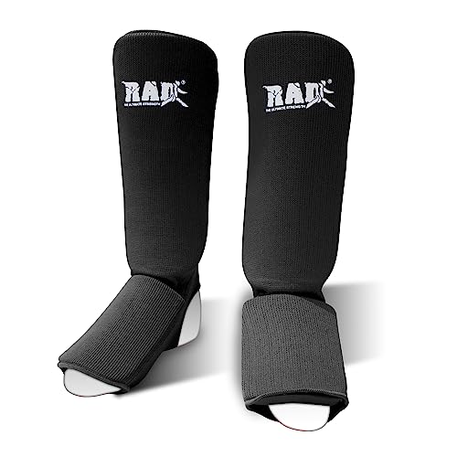 RAD Shin Guards MMA, Karate, TKW. Elastic Cloth Shin & Instep Padded Guards Protective Kickboxing (Pair) (Small, Black) - Image 1