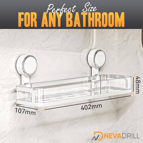 NEVADRILL Shower Caddy Wall Mounted, Easy Twist & Lock Vacuum Grip with Adhesive Base, No Drill Bathroom Shelf Organizer for Shampoo, Soap & Toiletries – Space-Saving Design (1-Pack) (White, 40 CM) - Image 2