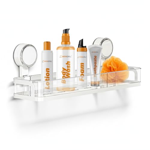 NEVADRILL Shower Caddy Wall Mounted, Easy Twist & Lock Vacuum Grip with Adhesive Base, No Drill Bathroom Shelf Organizer for Shampoo, Soap & Toiletries – Space-Saving Design (1-Pack) (White, 40 CM) - Image 1