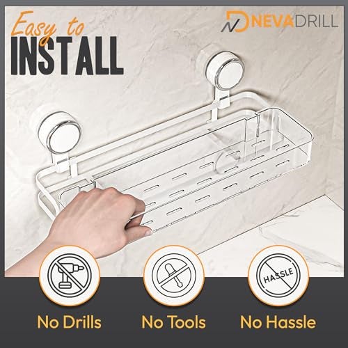 NEVADRILL Shower Caddy Wall Mounted, Easy Twist & Lock Vacuum Grip with Adhesive Base, No Drill Bathroom Shelf Organizer for Shampoo, Soap & Toiletries – Space-Saving Design (1-Pack) (White, 40 CM) - Image 5