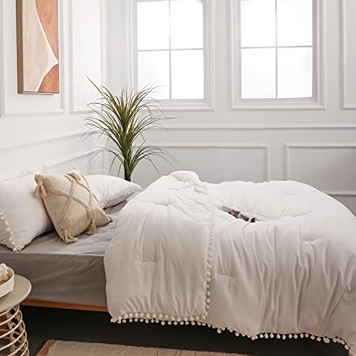 YIRDDEO Queen Comforter Set - Comforter Queen Size Sets with Ball Pom Fringe, Soft Bedding Set for All Seasons - 3 Pieces, 1 Comforter (90"x90") & 2 Pillow Shams (20"x26"), White - Image 3
