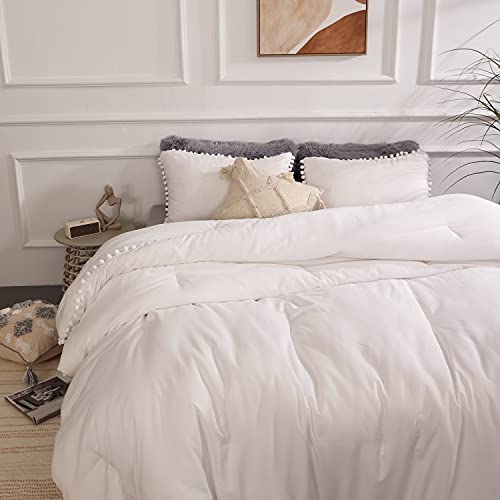 YIRDDEO Queen Comforter Set - Comforter Queen Size Sets with Ball Pom Fringe, Soft Bedding Set for All Seasons - 3 Pieces, 1 Comforter (90"x90") & 2 Pillow Shams (20"x26"), White - Image 5