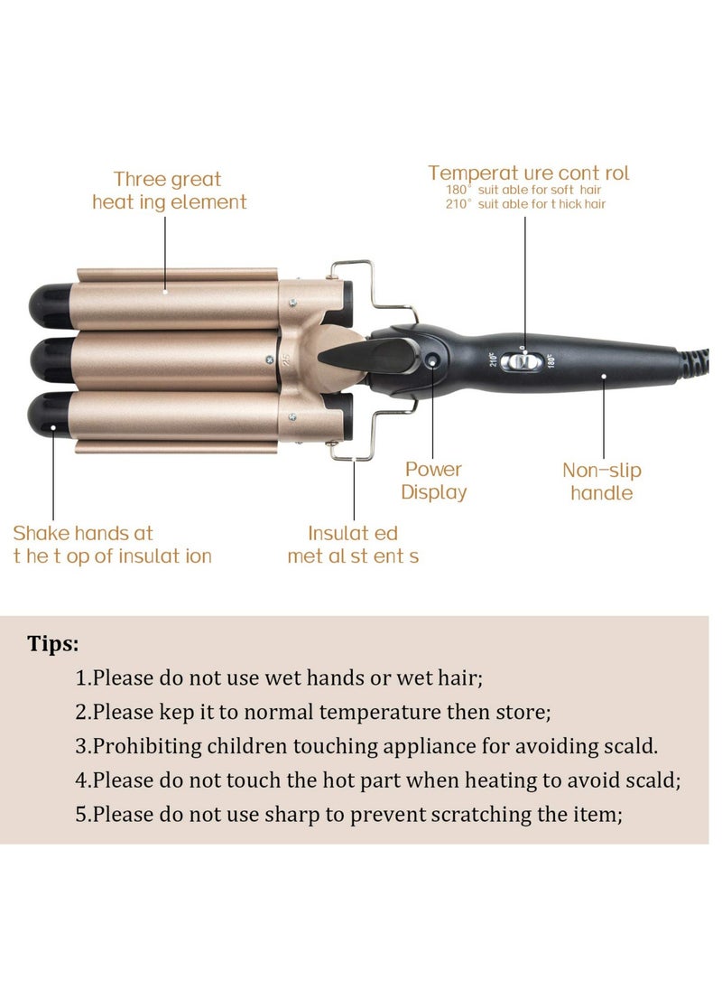 ELTRAZONE 3 Barrel Curling Iron Wand - Dual Voltage Temperature Adjustable 25mm Hair Crimper,1 Inch Ceramic Tourmaline Triple Barrels,Hair Waving Styling Tools, Gold  - Image 2