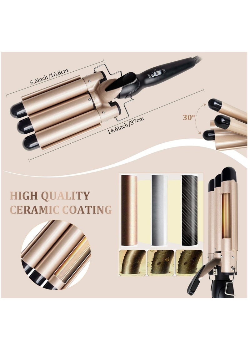 ELTRAZONE 3 Barrel Curling Iron Wand - Dual Voltage Temperature Adjustable 25mm Hair Crimper,1 Inch Ceramic Tourmaline Triple Barrels,Hair Waving Styling Tools, Gold  - Image 3