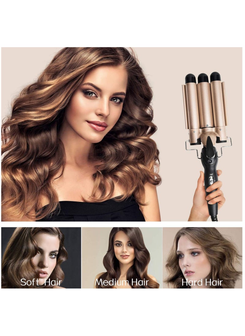 ELTRAZONE 3 Barrel Curling Iron Wand - Dual Voltage Temperature Adjustable 25mm Hair Crimper,1 Inch Ceramic Tourmaline Triple Barrels,Hair Waving Styling Tools, Gold  - Image 4