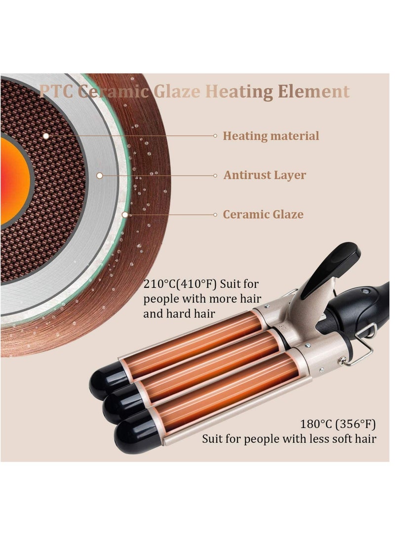 ELTRAZONE 3 Barrel Curling Iron Wand - Dual Voltage Temperature Adjustable 25mm Hair Crimper,1 Inch Ceramic Tourmaline Triple Barrels,Hair Waving Styling Tools, Gold  - Image 5