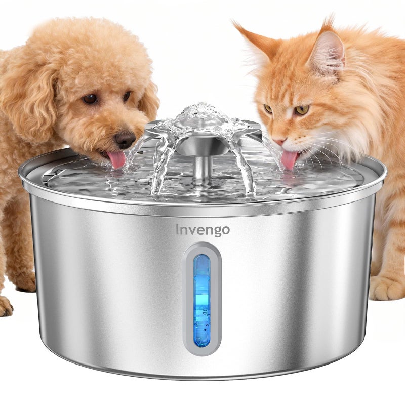 Invengo Cat Water Fountain Stainless Steel 3.2L/108oz, Automatic Pet Fountain for Cats & Dogs, Ultra Quiet <25 dB Pump, LED Water Level Window, Easy to Clean - Image 1
