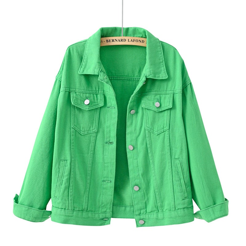 Spring Fall Colorful Plus-Size Denim Jacket Womens Loose Fit Casual BF Style Green 