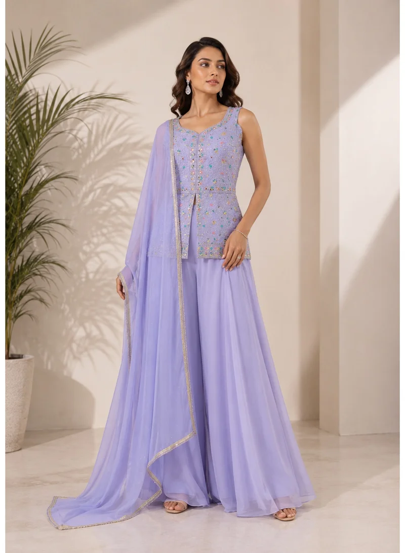 Lehar 3-Piece Purple Floral Embellished Sleeveless Sharara Set