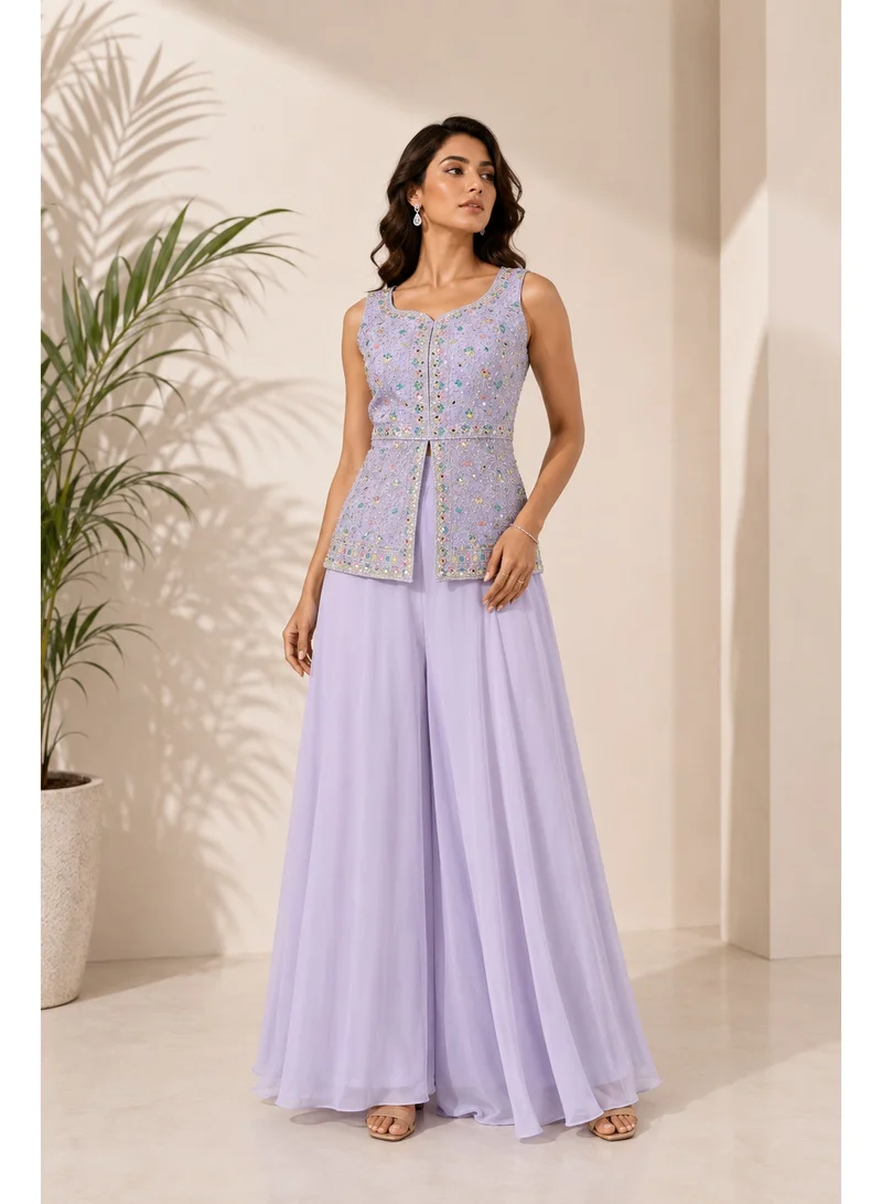 Lehar  3-Piece Purple Floral Embellished Sleeveless Sharara Set for Women | Best Price UAE