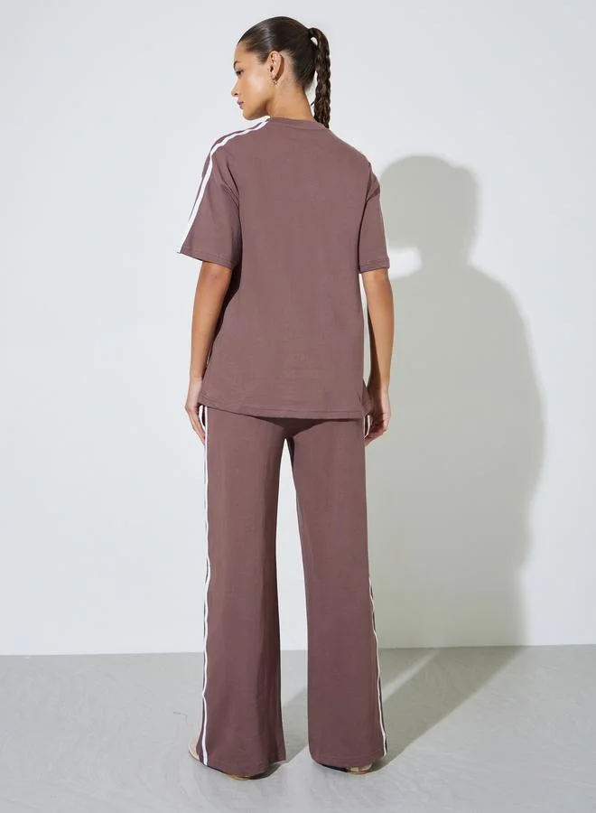 Styli  Brown Side Striped T-Shirt and Wide Leg Joggers Set for Women | Best Price UAE