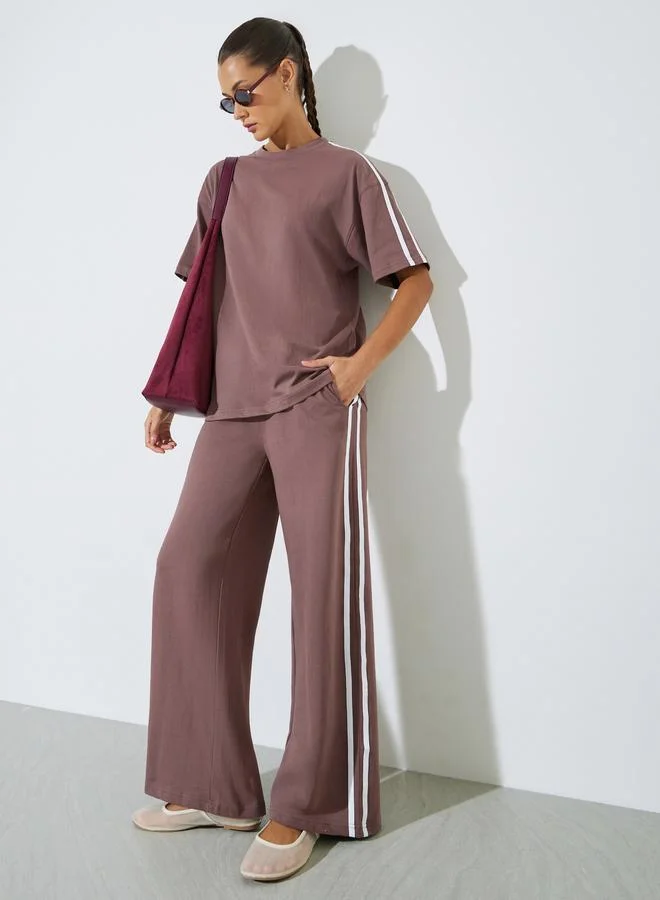 Brown Side Striped T-Shirt and Wide Leg Joggers Set