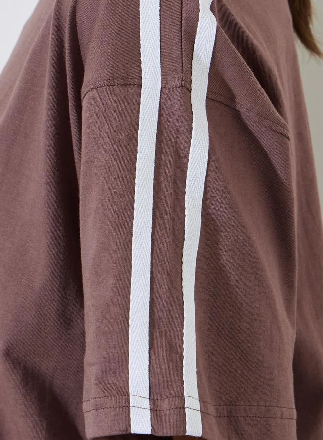 Styli  Brown Side Striped T-Shirt and Wide Leg Joggers Set for Women | Best Price UAE