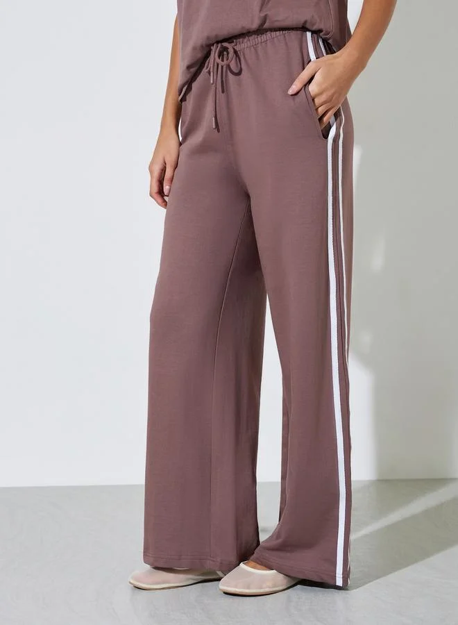 Styli  Brown Side Striped T-Shirt and Wide Leg Joggers Set for Women | Best Price UAE