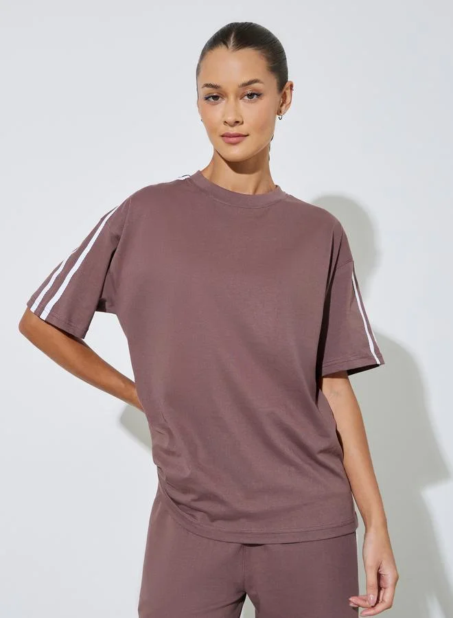 Styli  Brown Side Striped T-Shirt and Wide Leg Joggers Set for Women | Best Price UAE
