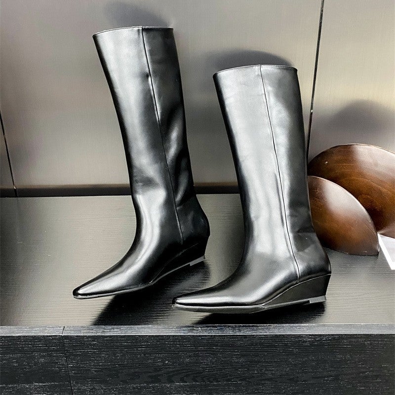 Long Boots Over The Knee Fashion Single Boots 2024 Square Toe Inner Heightening Bottom Knight Boots British Style Slim Boots Black High Heels - Image 5