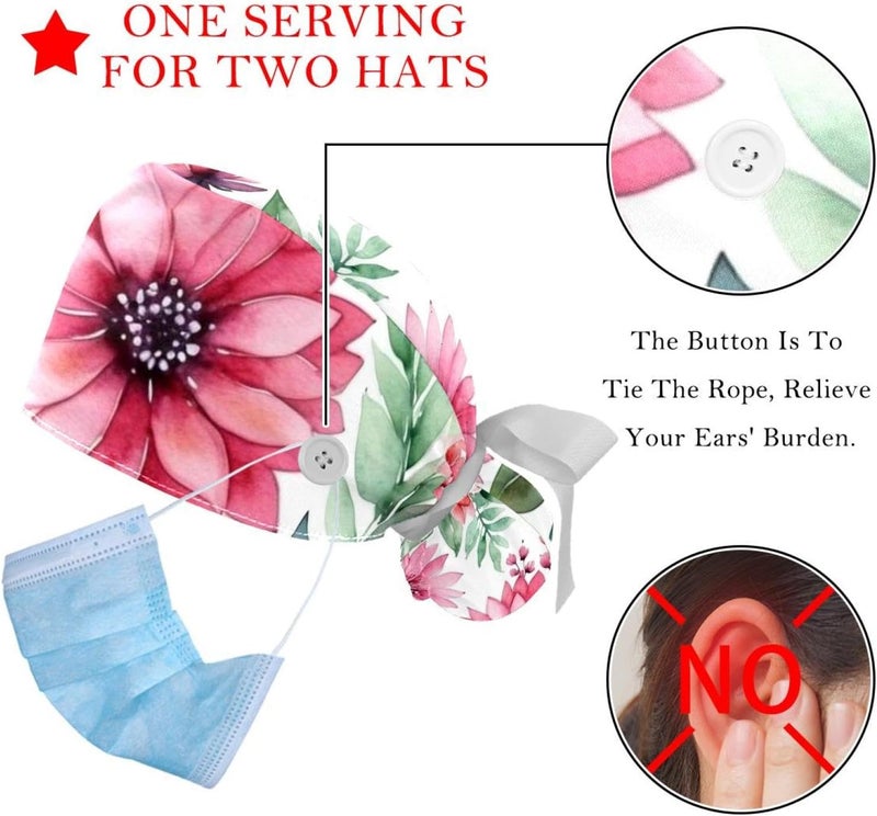 Adjustable 2 Packs Pink Flowers with Leaves Women Bouffant Cap Scrub Hat for Woman Men - Image 3