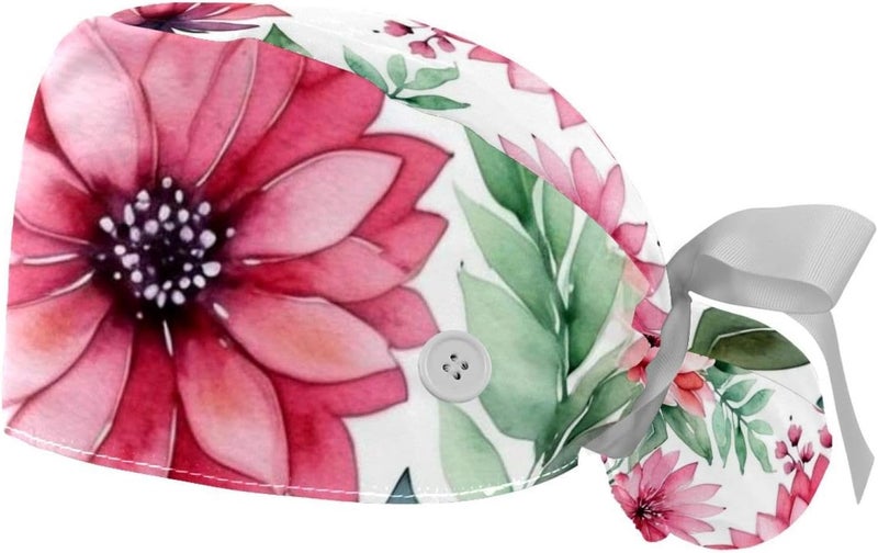 Adjustable 2 Packs Pink Flowers with Leaves Women Bouffant Cap Scrub Hat for Woman Men - Image 1