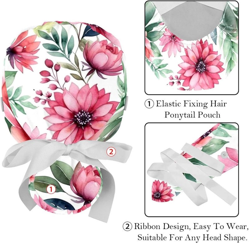 Adjustable 2 Packs Pink Flowers with Leaves Women Bouffant Cap Scrub Hat for Woman Men - Image 4