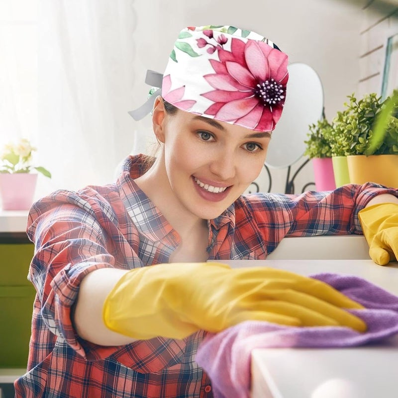 Adjustable 2 Packs Pink Flowers with Leaves Women Bouffant Cap Scrub Hat for Woman Men - Image 5