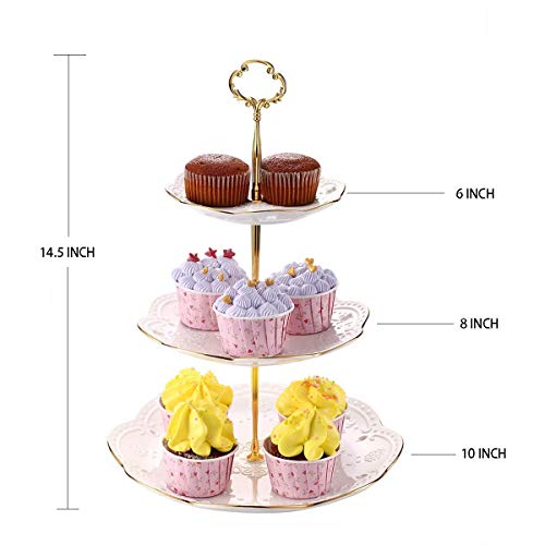 BonNoces 3-Tier Porcelain Embossed Cupcake Stand - Pure White Rimmed with Gold Dessert Cake Stand - Pastry Serving Tray Platter for Tea Party, Wedding and Birthday - Image 2