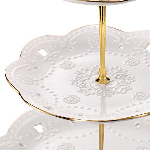 BonNoces 3-Tier Porcelain Embossed Cupcake Stand - Pure White Rimmed with Gold Dessert Cake Stand - Pastry Serving Tray Platter for Tea Party, Wedding and Birthday - Image 4
