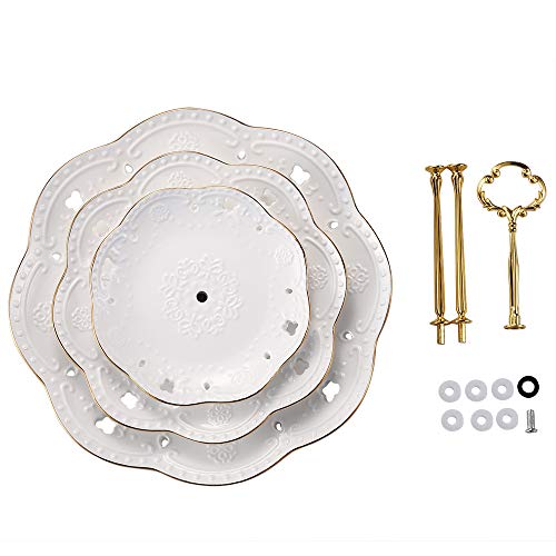 BonNoces 3-Tier Porcelain Embossed Cupcake Stand - Pure White Rimmed with Gold Dessert Cake Stand - Pastry Serving Tray Platter for Tea Party, Wedding and Birthday - Image 3