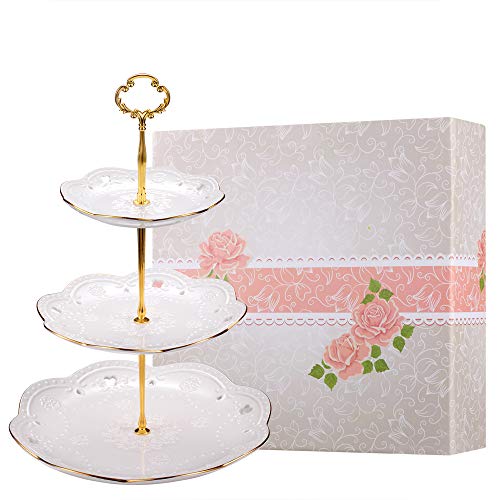 BonNoces 3-Tier Porcelain Embossed Cupcake Stand - Pure White Rimmed with Gold Dessert Cake Stand - Pastry Serving Tray Platter for Tea Party, Wedding and Birthday - Image 1