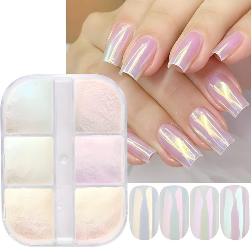 6 Colors Chrome Nail Powder Metallic Mirror Effect Aurora Magic White Pearl Chrome Nails Powder for Nail Art Gel Polish Mica Powder Iridescent Nail Powder Manicure Pigment