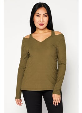 Cooper & Ella Women V-Neck Long Sleeve Ribbed Top, Olive  - Image 1