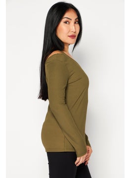 Cooper & Ella Women V-Neck Long Sleeve Ribbed Top, Olive  - Image 3
