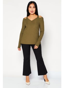 Cooper & Ella Women V-Neck Long Sleeve Ribbed Top, Olive  - Image 2