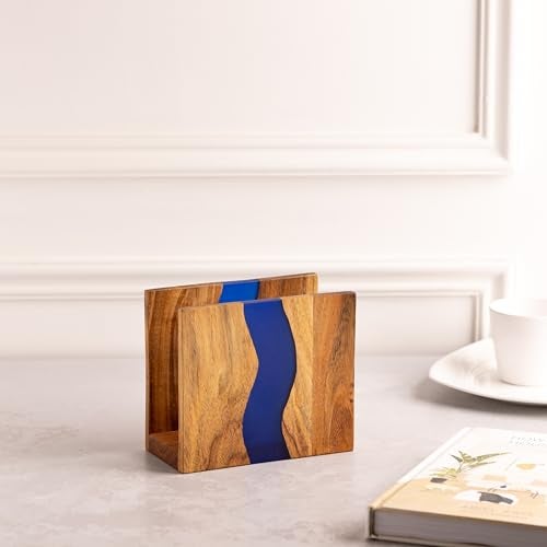 LAVAUK Acacia wood & Transparent Epoxy resin Napkin holder for table, Rustic farmhouse napkin organisation for kitchen, dining, counter tops, restaurant or outdoors | 6x5x2.5 inches| Blue - Image 3