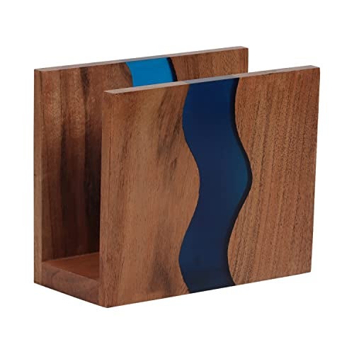 LAVAUK Acacia wood & Transparent Epoxy resin Napkin holder for table, Rustic farmhouse napkin organisation for kitchen, dining, counter tops, restaurant or outdoors | 6x5x2.5 inches| Blue - Image 1