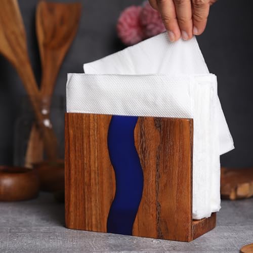 LAVAUK Acacia wood & Transparent Epoxy resin Napkin holder for table, Rustic farmhouse napkin organisation for kitchen, dining, counter tops, restaurant or outdoors | 6x5x2.5 inches| Blue - Image 4