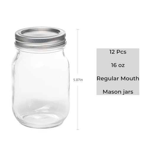 Yodecy 12 Pack 16oz Mason Jars, Regular Mouth jars with Silver Metal Lids, Canning Jars for Overnight Oats, Food Storage, Dry Food, Snacks, Candies and More - Image 2