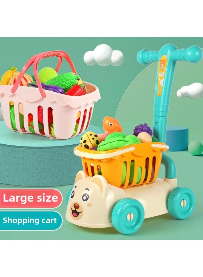 Kids Shopping Cart Toy Hand Push Cart Fruit Cutting Kitchen Playhouse Boys Girls Pull Car Plastic Toys For Infants And Toddlers-Color:Pink Shopping Cart - Image 2