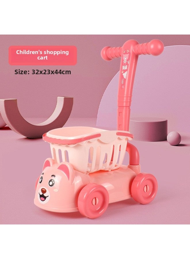 Kids Shopping Cart Toy Hand Push Cart Fruit Cutting Kitchen Playhouse Boys Girls Pull Car Plastic Toys For Infants And Toddlers-Color:Pink Shopping Cart - Image 1