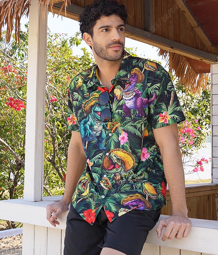 RAISEVERN Mens Hawaiian Button Down Short Sleeve Funny Colorful Dinosaur Pancake Beach Party Tropical Holiday Casual Shirts - Image 4