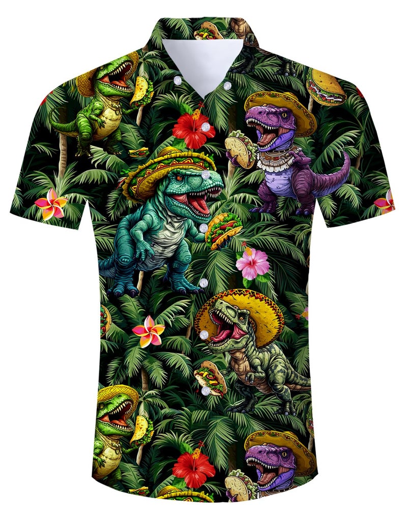 RAISEVERN Mens Hawaiian Button Down Short Sleeve Funny Colorful Dinosaur Pancake Beach Party Tropical Holiday Casual Shirts - Image 1